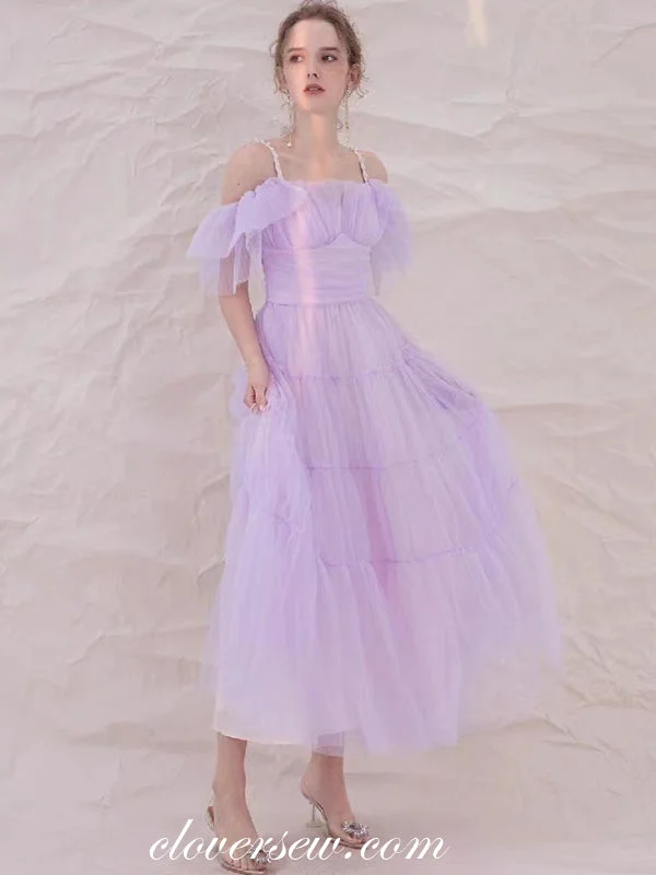 Party Ready Dress Lilac Pleating Tulle Off The Shoulder Tea Length Wedding Party Bridesmaid Dresses, CB0295
