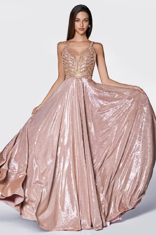 Drape Sleeve Dress Cinderella Divine KC879 Long Metallic Prom Gown Evening Dress
