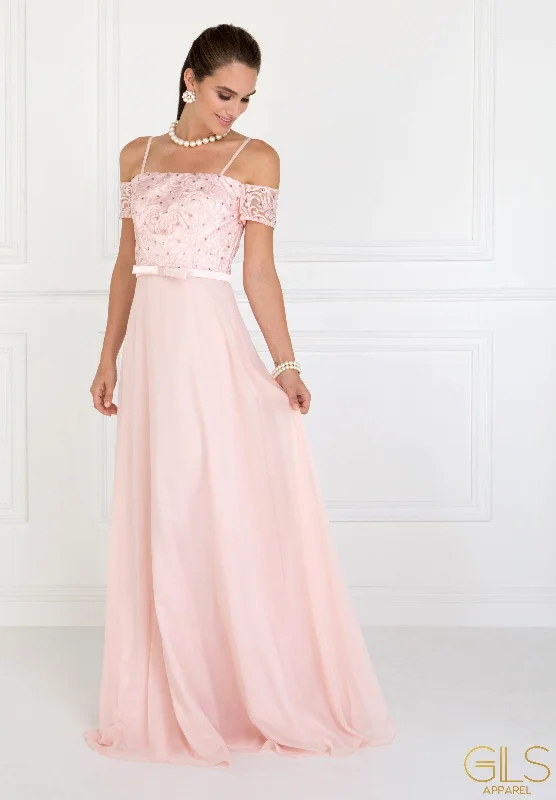 Bow Detail Dress Long Cold Shoulder Dress with Embroidery by Elizabeth K GL1521
