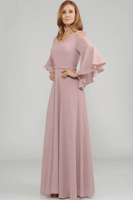 Chic Satin Dress Long Cold Shoulder Dress with Bell Sleeves by Poly USA 8300