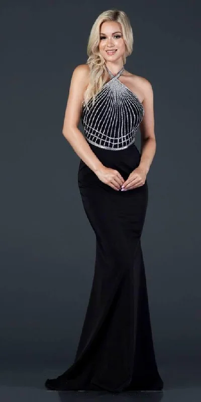 Taffeta Dress Long Formal Beaded Bodice Halter Evening Prom Dress