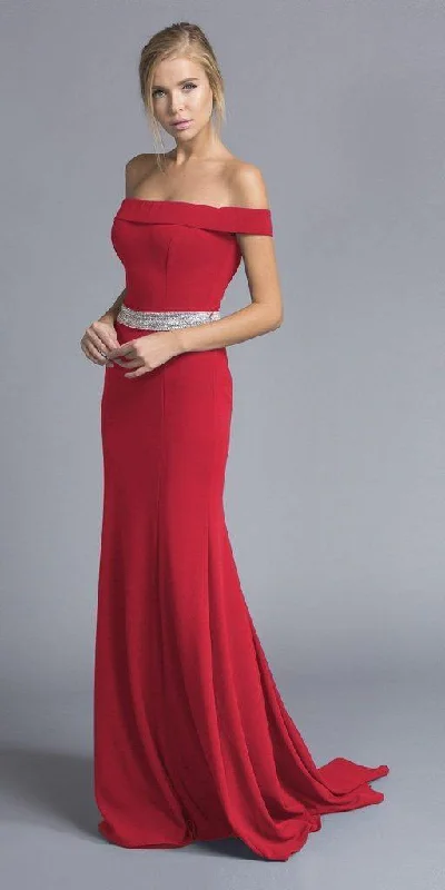 Pleated Gown Long Formal Fitted Off Shoulder Evening Prom Dress