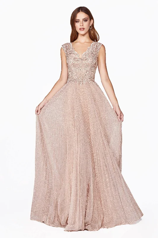 Glitter Dress Cinderella Divine HT011 Long Formal Metallic Pleated Skirt Evening Prom Dress