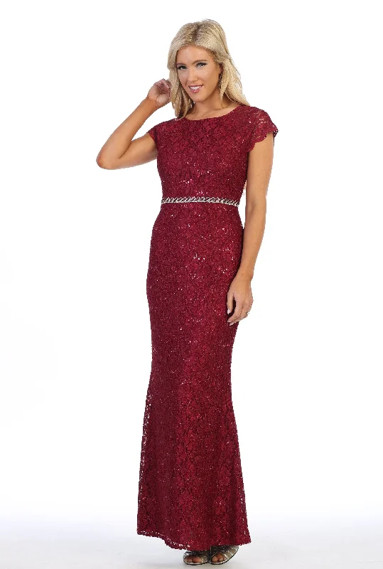 Metallic Formal Dress Long Lace Mermaid Dress with Cap Sleeves by Celavie 6372