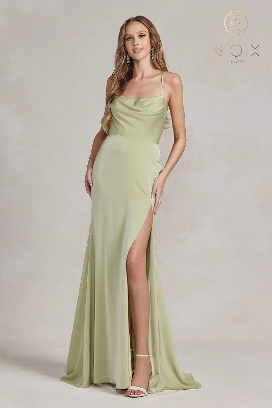 Lush Satin Gown Long Sleeveless Cowl Dress by Nox Anabel E1068