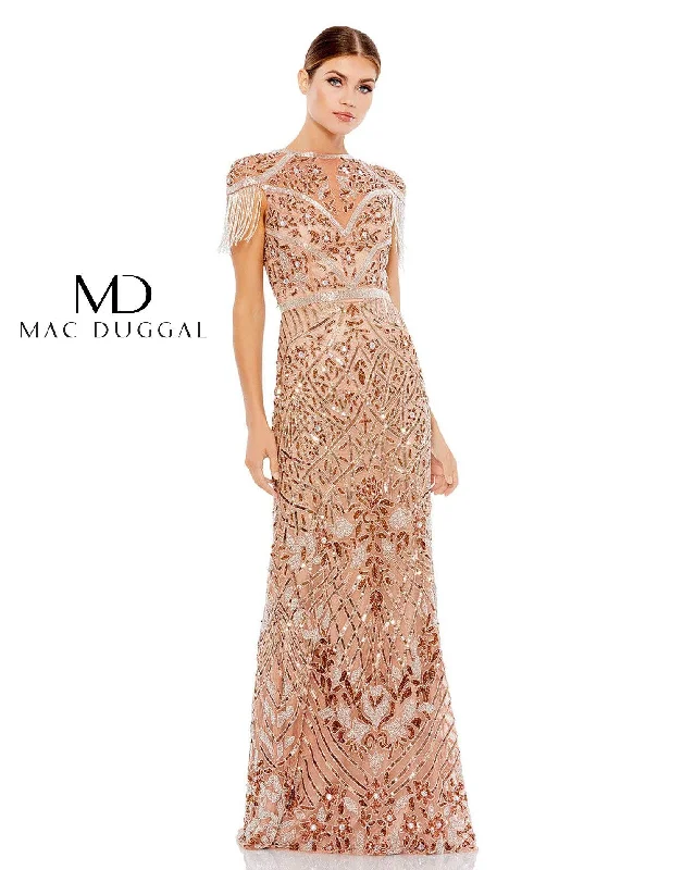 Elegant Tulle Gown Mac Duggal 5452 Long Formal Fringe Cap Sleeve Gown