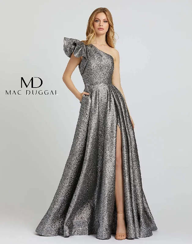 Slit Gown Mac Duggal 67297 Long Metallic Prom Ball Gown
