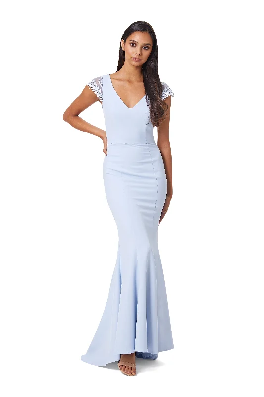 Halter Neck Dress Maia V Neck Maxi Dress with Lace Cap Sleeves and Button Open Back