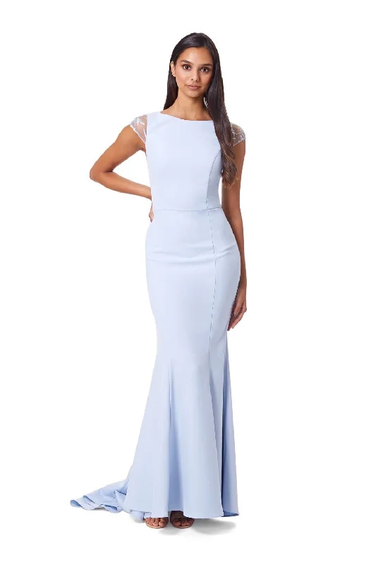 Classic Gown Masa Fishtail Maxi Dress with Lace Cap Sleeves and Embroidered Button Back