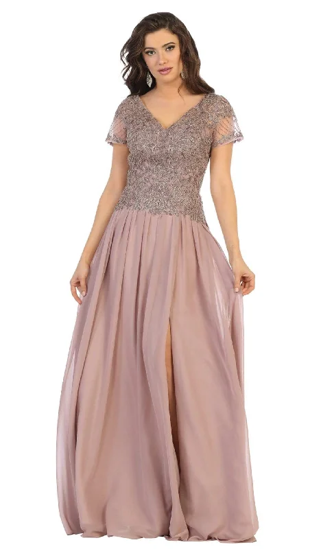 Halter Neck Dress May Queen - MQ1638 Embellished V-neck A-line Dress