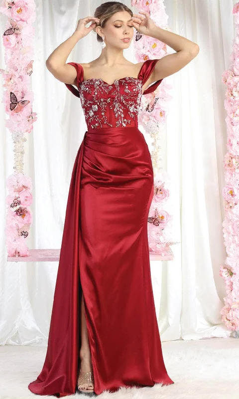 Timeless Gown May Queen MQ1977 - Slit Satin Off Shoulder Dress