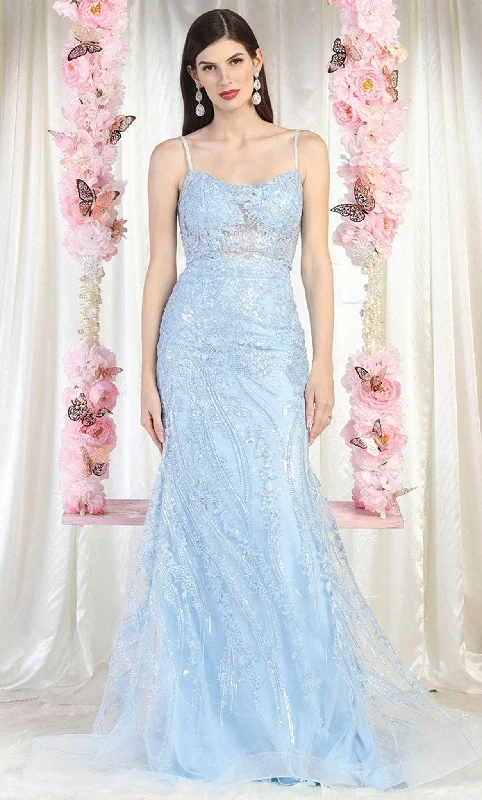 Simple Formal Dress May Queen RQ7974 - Embroidered Strappy Train Gown