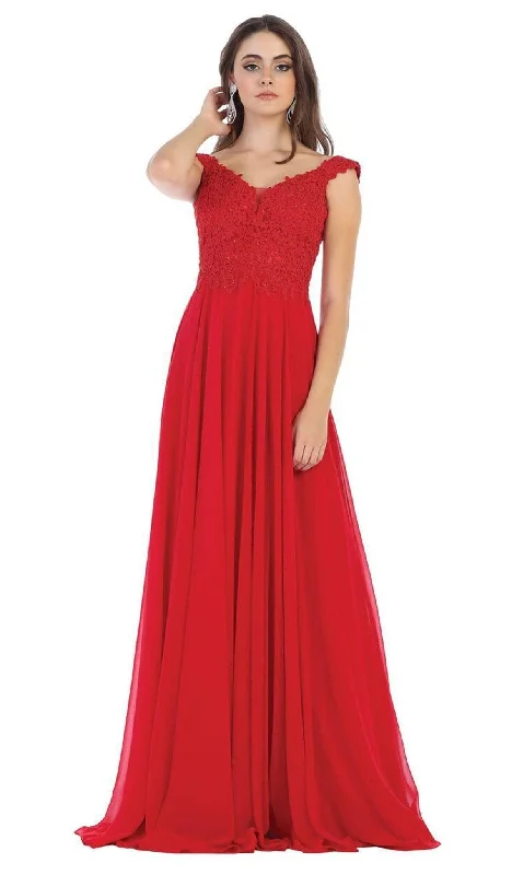 Ruffled Dress May Queen - V Neck Lace Applique Chiffon Long Formal Dress MQ1602