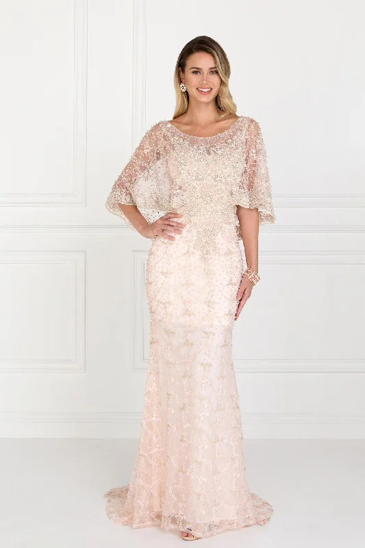 Asymmetrical Gown Long Plus Size Cape Sleeve Formal Prom Gown
