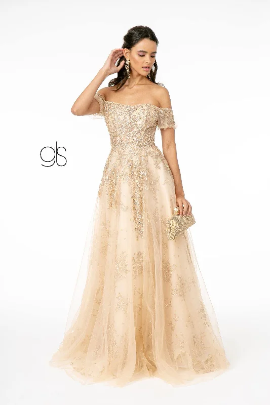 Off-Shoulder Dress Embellished Glitter Mesh Long Prom Dress