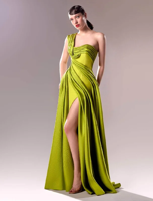 Side Slit Gown MNM Couture G1606 - Draped One Shoulder Evening Gown