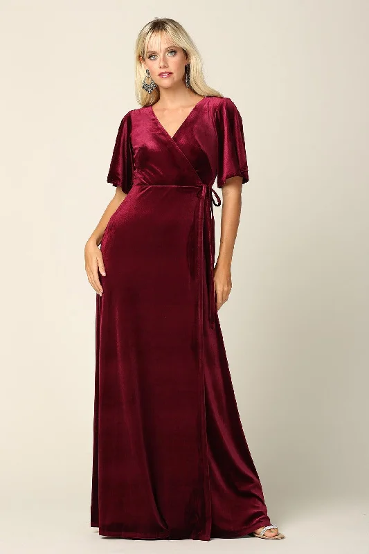 High Neck Dress Mother of the Bride Long Flutter Sleeve Velvet Gown