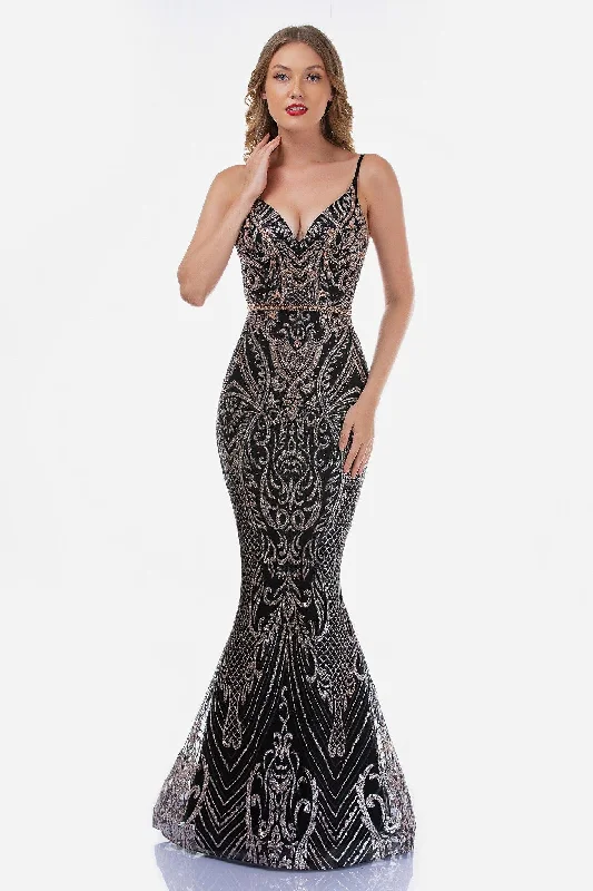 Taffeta Dress Nina Canacci Patterned Embellished Trumpet Dress 8173