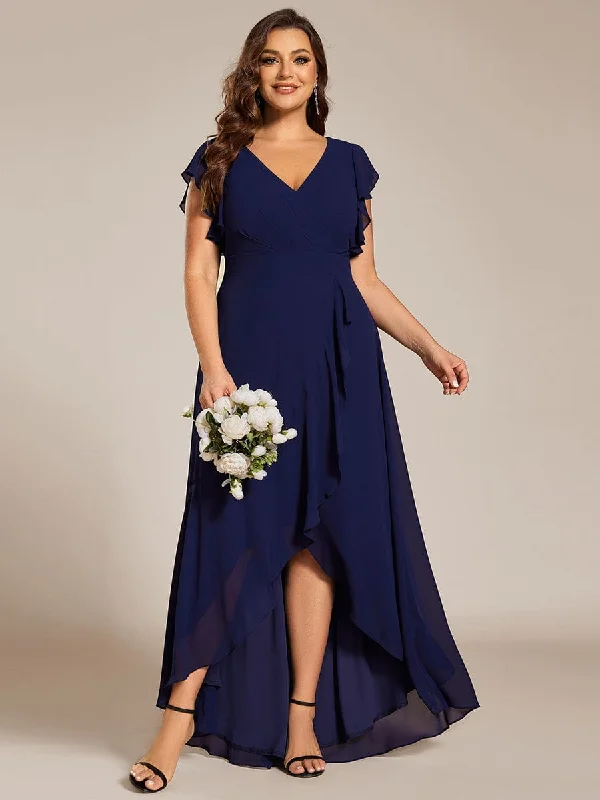 Taffeta Dress Plus Size A-Line Chiffon High-Low Bridesmaid Dress with Ruffled Sleeve