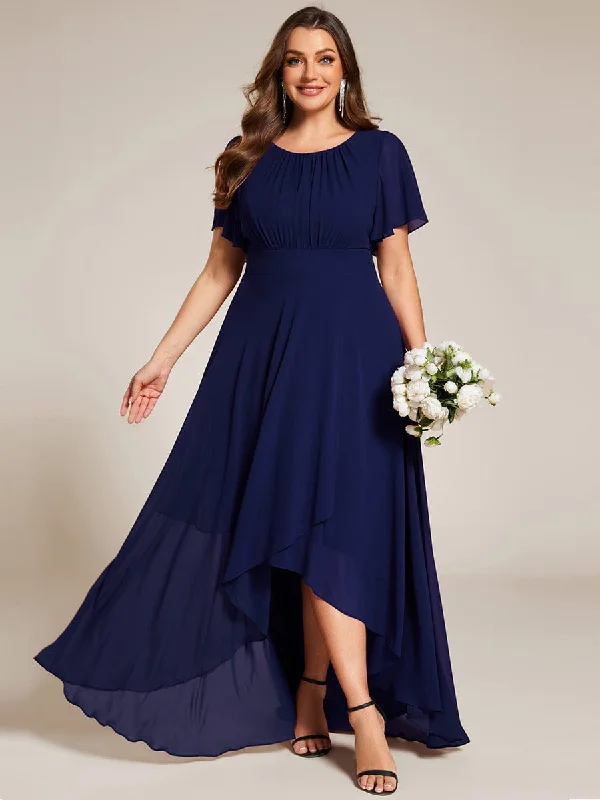 Floral Gown Claire | Plus Size Asymmetric Hem Short Sleeve Round Neckline Chiffon Bridesmaid Dress
