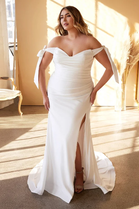 Delicate Lace Dress Plus Size White Off Shoulder Gown by Cinderella Divine CD944WC