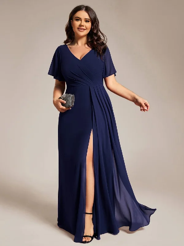 Slit Gown Plus Size High Slit V-Neck Empire Waist Chiffon Bridesmaid Dress