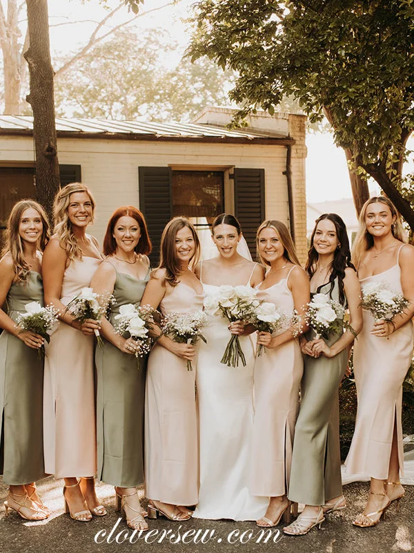 Ruched Velvet Dress Popular Satin Spaghetti Strap Column Ankle Length Bridesmaid Dresses, CB0294