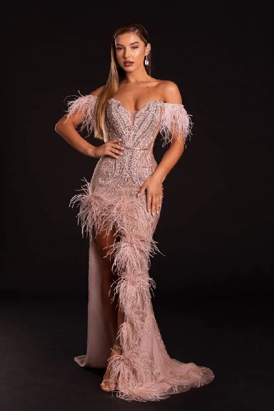 Subtle Shine Dress Portia And Scarlett 21127 Long Feathered Prom Dress