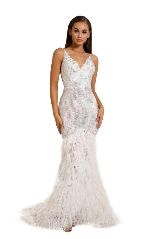Embellished Maxi Dress PORTIA & SCARLETT PS6826 V-Neck Feather Embellished Dress with Open Back Embellished Maxi Dress PORTIA & SCARLETT PS6826 V-Neck Feather Embellished Dress with Open Back
