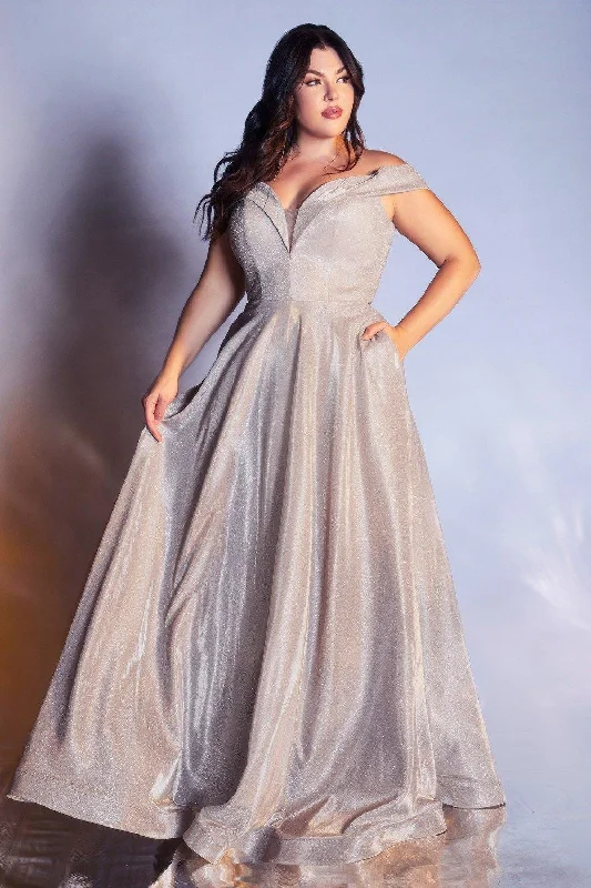 Classic Evening Dress Cinderella Divine CD210C Prom Long Off Shoulder Metallic Plus Size Dress