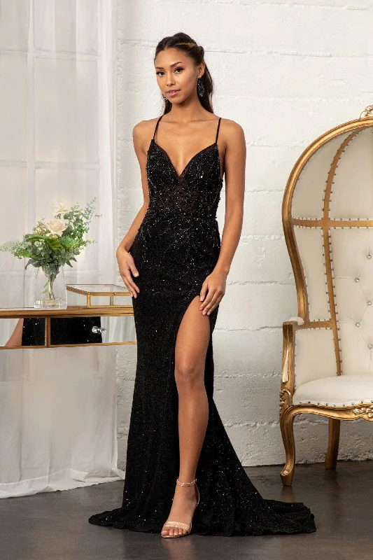 Drape Sleeve Dress Prom Long Spaghetti Strap Sequins Formal Dress
