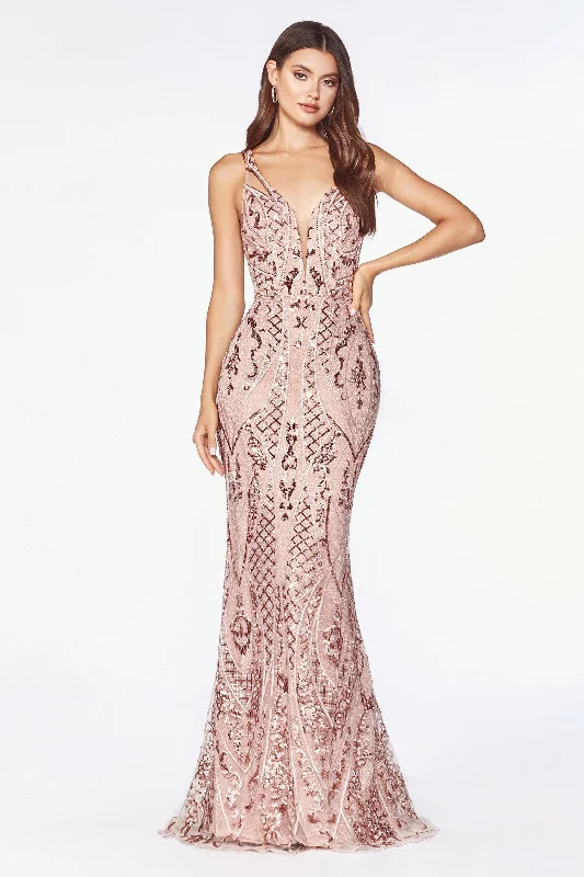 Illusion Neckline Dress Cinderella Divine CM9122 Prom Sleeveless Sequin Print Long Fitted Dress Formal