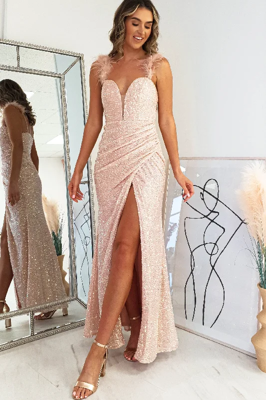 Regal Velvet Gown Prose Sequin Feather Detail Gown | Blush