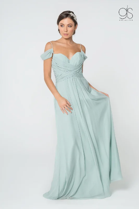 Satin Mermaid Dress Ruched Long A-line Cold Shoulder Dress by Elizabeth K GL2824