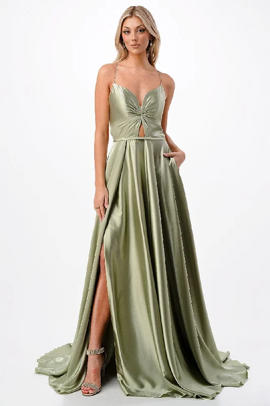 Ruched Gown Satin Twist Front Slit Gown by Coya P2216