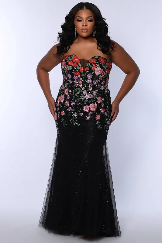 Delicate Lace Dress Garden Treasure Fitted Black Floral Formal Dress