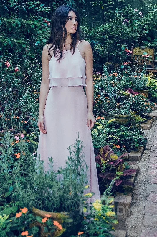 Puffy Sleeve Dress Sheath-Column Floor Length Chiffon Bridesmaid Dress PR3577