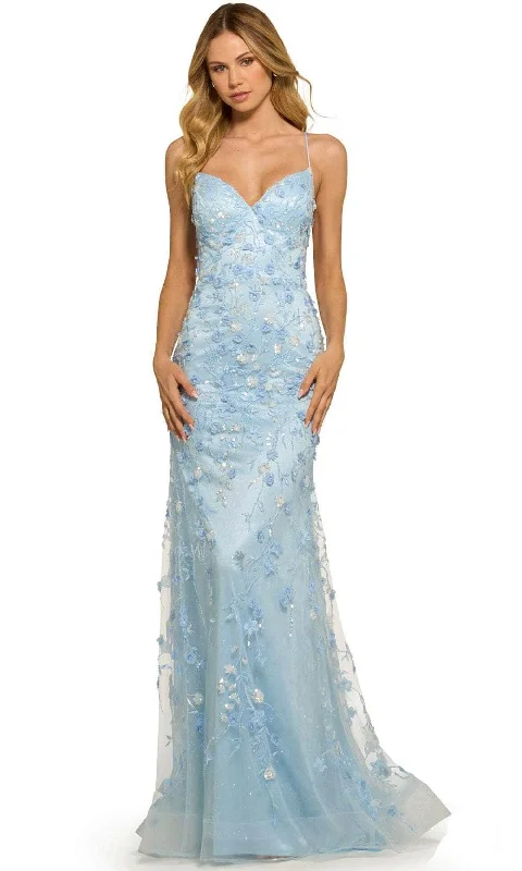 Silk Ball Gown Sherri Hill 55531 - Thin Strapped Floral Patterned Long Gown