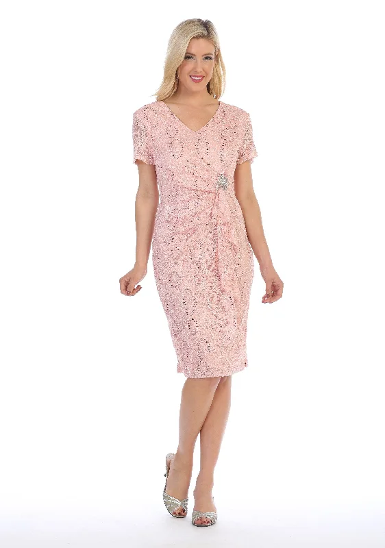 Luxe Satin Dress Short Lace V-Neck Dress with Short Sleeves by Celavie 6038