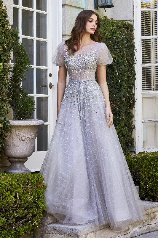 Floor-Length Gown Cinderella Divine B708 Short Sleeve Long Prom Dress