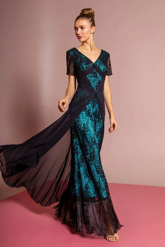 Simple Chiffon Dress Short Sleeve Lace Embellished V-Neck Long Dress Sale