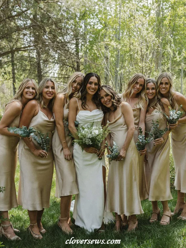 Knee-Length Dress Simple Silk Satin Cowl Neck Spaghetti Strap Popular Tea Length Bridesmaid Dresses, CB0324 Knee-Length Dress Simple Silk Satin Cowl Neck Spaghetti Strap Popular Tea Length Bridesmaid Dresses, CB0324