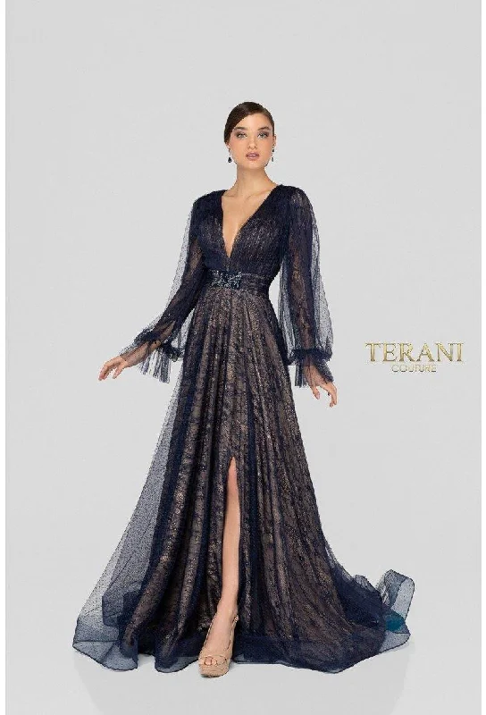 Ruffled Dress Terani Couture 1913M9414 Long V-Neck Formal Dress