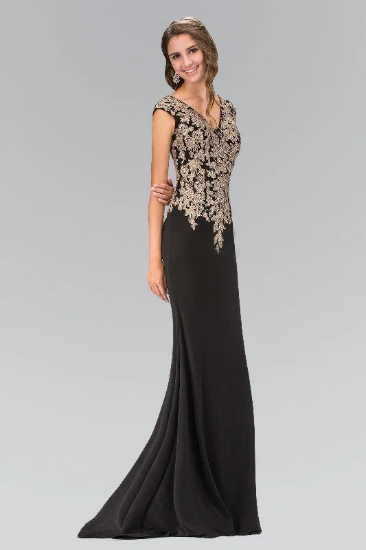 Slit Gown V-Neck Sheer Back Long Formal Prom Dress