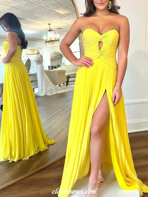 Deep V-Neck Dress Yellow Pleating Chiffon Sweetheart Strapless A-line With Side Slit Long Bridesmaid Dresses, CB0322 Deep V-Neck Dress Yellow Pleating Chiffon Sweetheart Strapless A-line With Side Slit Long Bridesmaid Dresses, CB0322