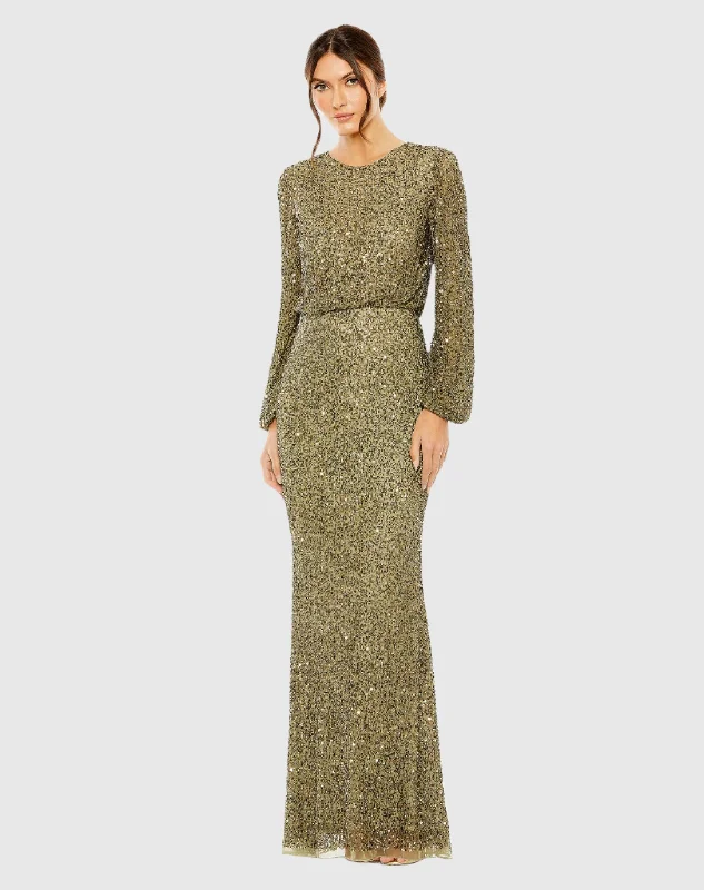 Bold Print Formal Dress High Neck Long Sleeve Beaded Blouson Gown