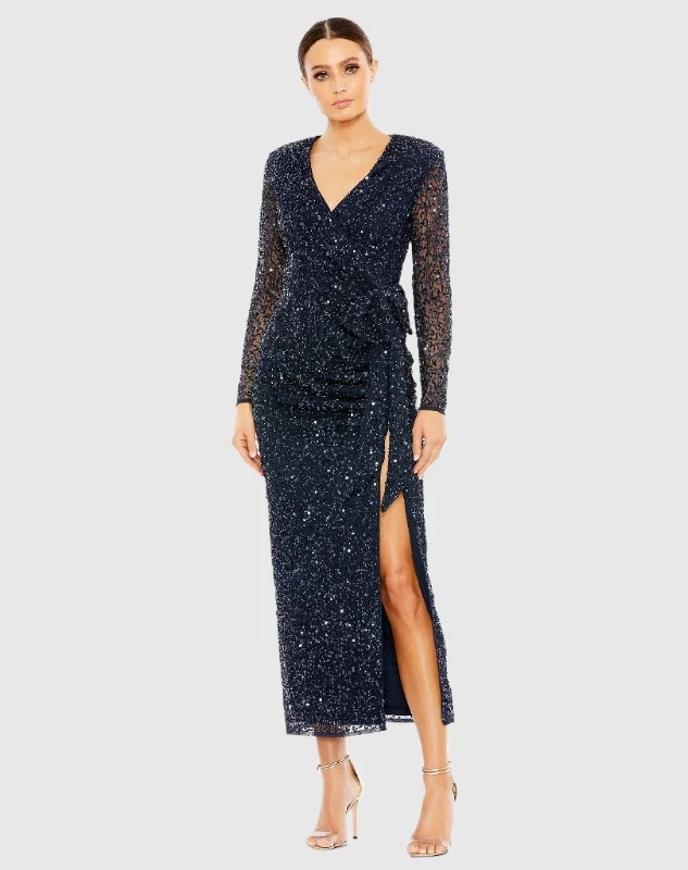 Modern Tulle Dress Long Sleeve V-Neck Sequin Dress