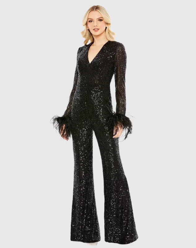 Party Ready Dress Feather Cuff Sequined V Neck Jumpsuit