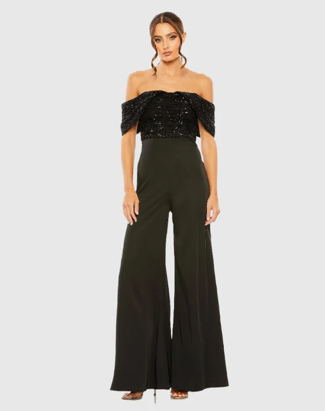 Stunning Silk Gown Sequined Off The Shoulder Jumpsuit