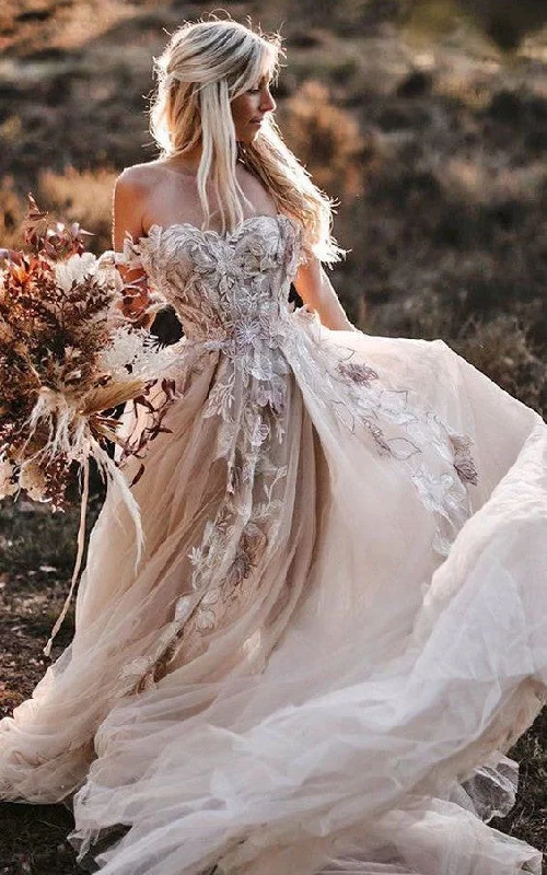 Applique Gown Flowy Country Off The Shoulder Lace Boho Wedding Dress with 3D Floral Applique-716811 Applique Gown Flowy Country Off The Shoulder Lace Boho Wedding Dress with 3D Floral Applique-716811